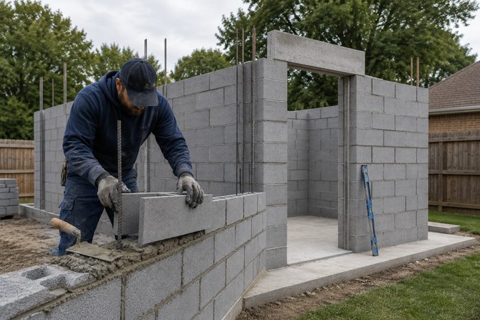 A builder constructing a backyard structure with Amidon ArmorBlock
