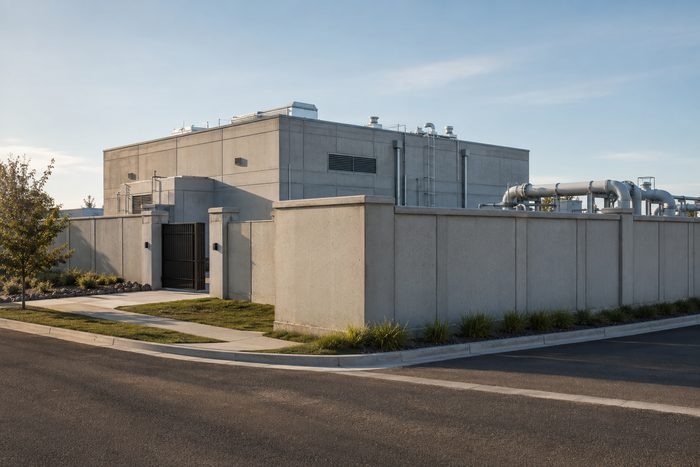 A finished, in-service hardened concrete facility with a formed perimeter wall at a critical-infrastructure site