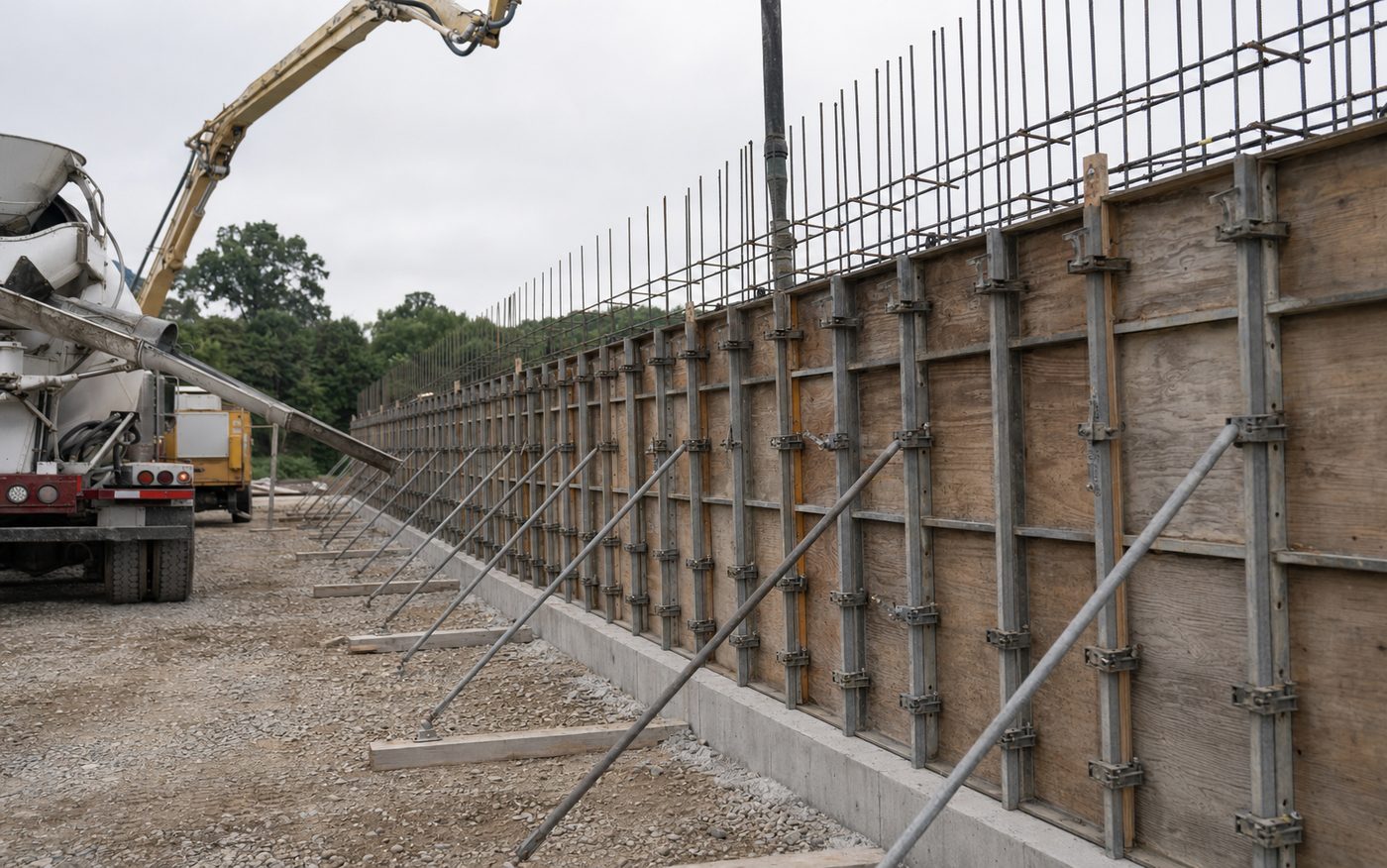 Ballistic concrete being poured into a reinforced wall form on site