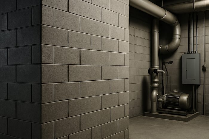 A high-mass ArmorBlock wall separating mechanical equipment — pumps and piping — in an industrial room