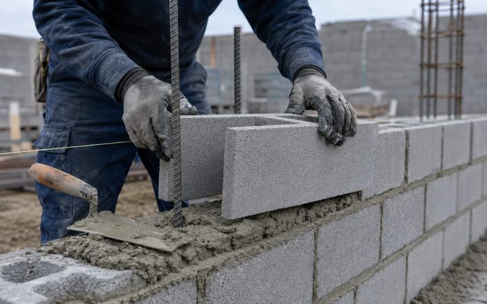 A mason laying an Amidon ArmorBlock course on fresh mortar