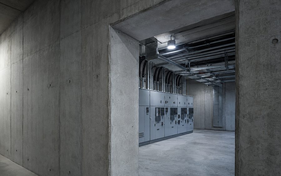 Switchgear inside a hardened concrete utility building