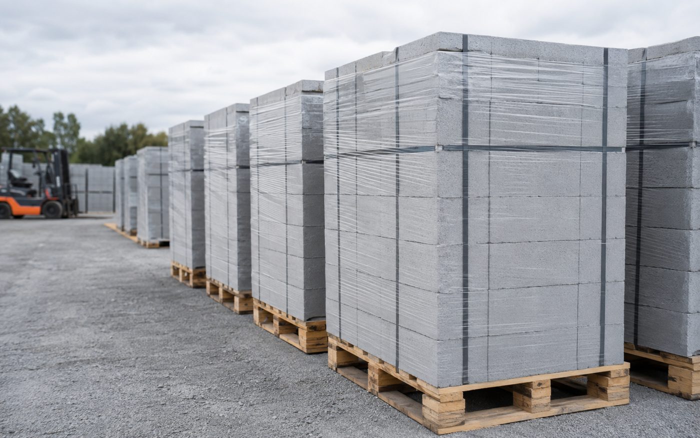Pallets of Amidon ArmorBlock wrapped and banded, ready to ship from a contractor laydown yard